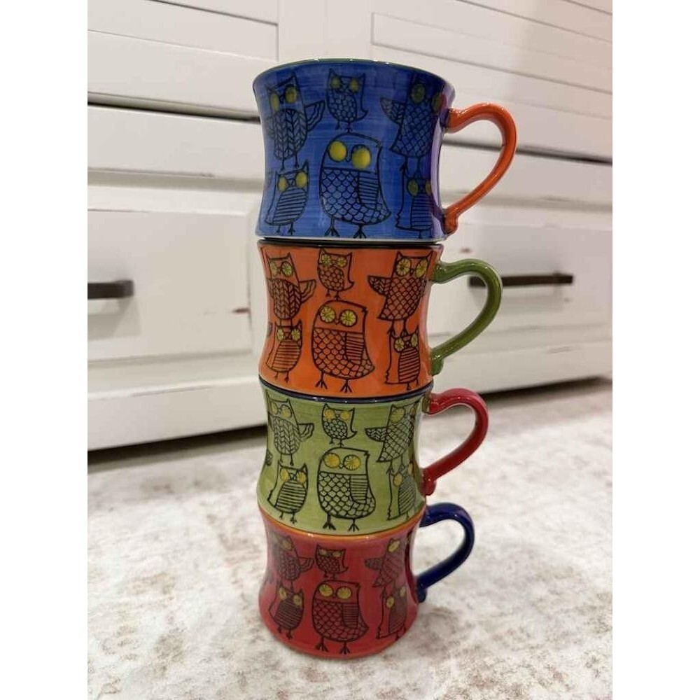 4 VINTAGE PIER 1 IMPORTS STACKING OWL WHIMSICAL STONEWARE MUGS CUPS COFFEE SOUP